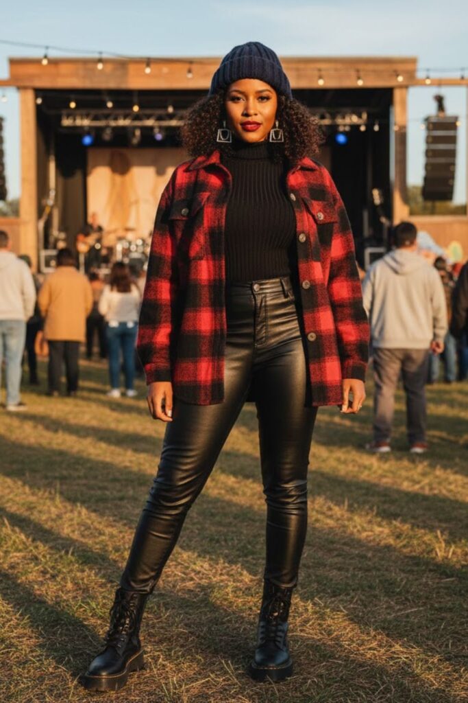 10. Plaid Shacket with Leggings and Boots