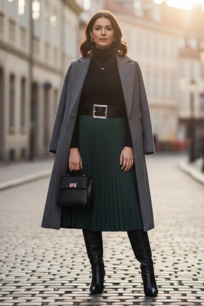 10. Pleated Skirt with Turtleneck