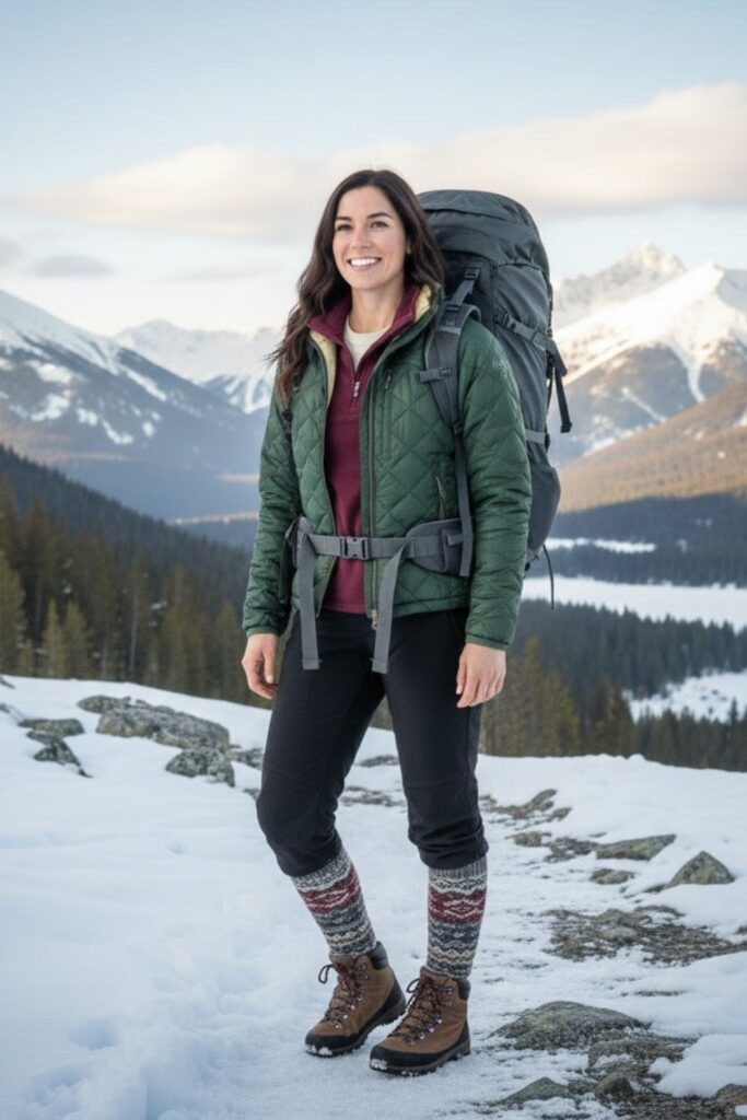 10. Quilted Jacket with Layered Tops and Snow Pants