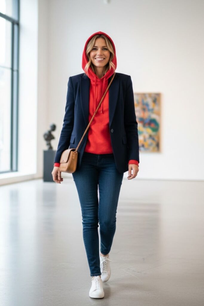 10. Red Hoodie with Blazer and Dark Denim