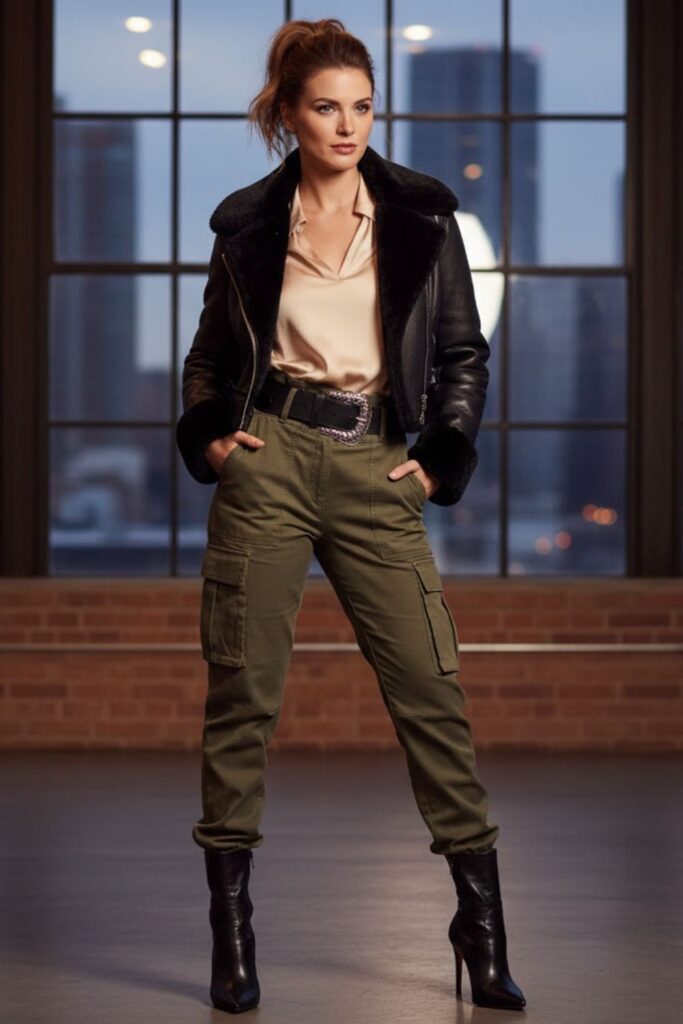 10. Satin Top with Cargo Pants and Heels