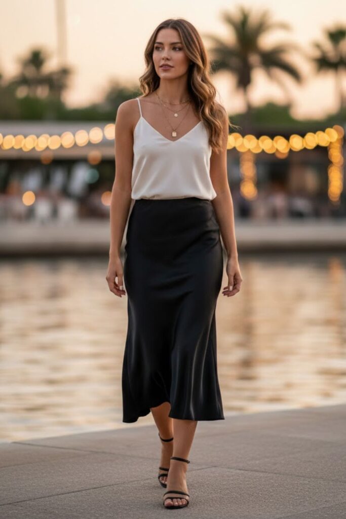 10. Silk Skirt with a Simple Camisole and Strappy Sandals