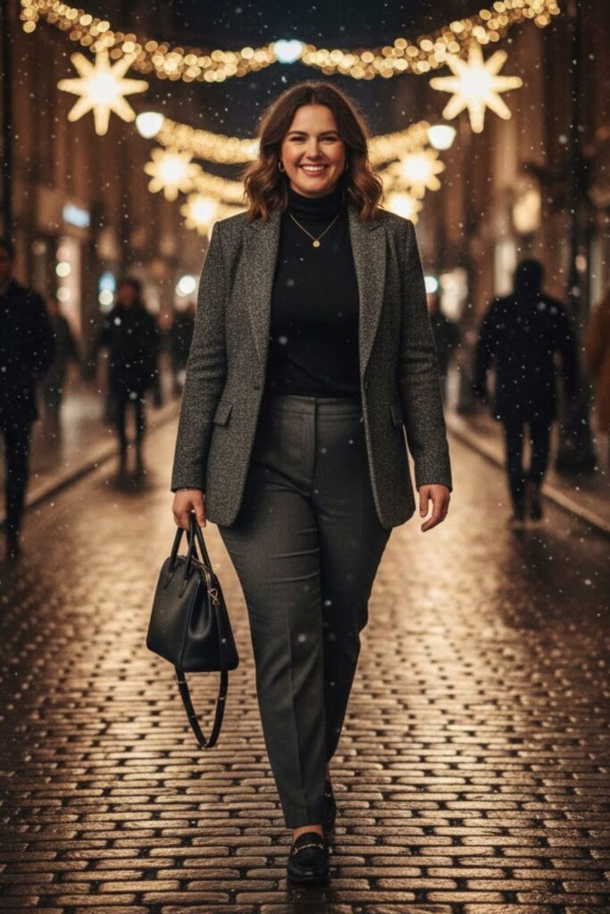 10. Tweed Blazer with Trousers and Turtleneck