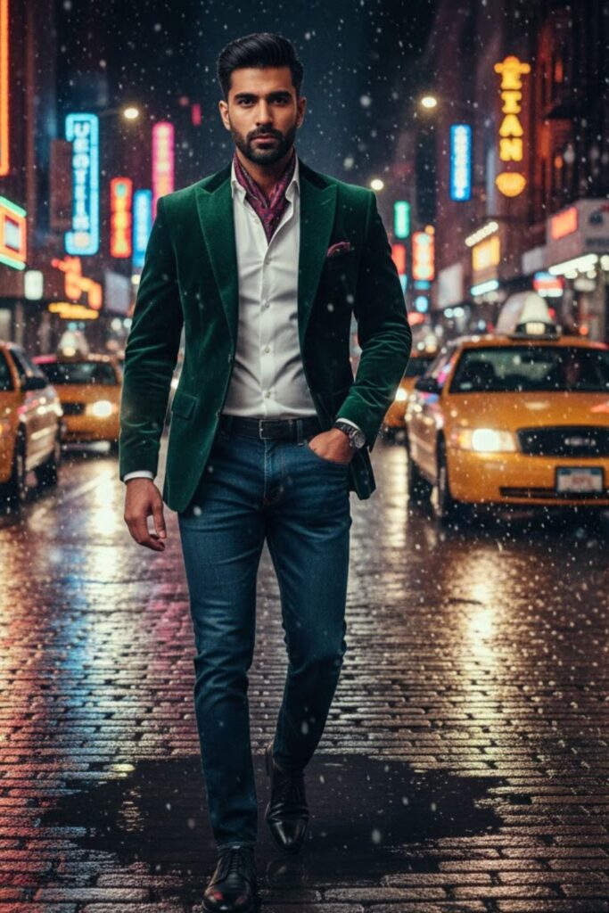 10. Velvet Blazer with Dark Jeans (Men)