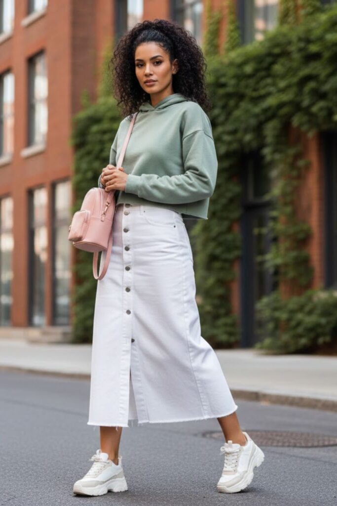10. White Denim Maxi Skirt with a Cropped Hoodie