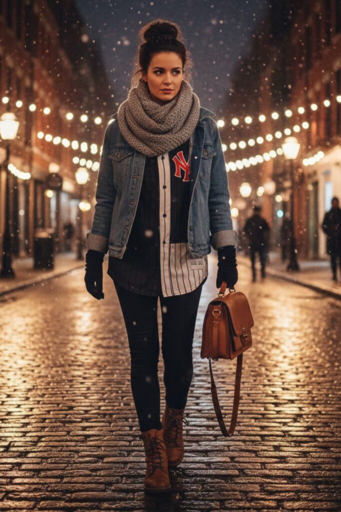 11. Baseball Jersey with Denim Jacket and Leggings