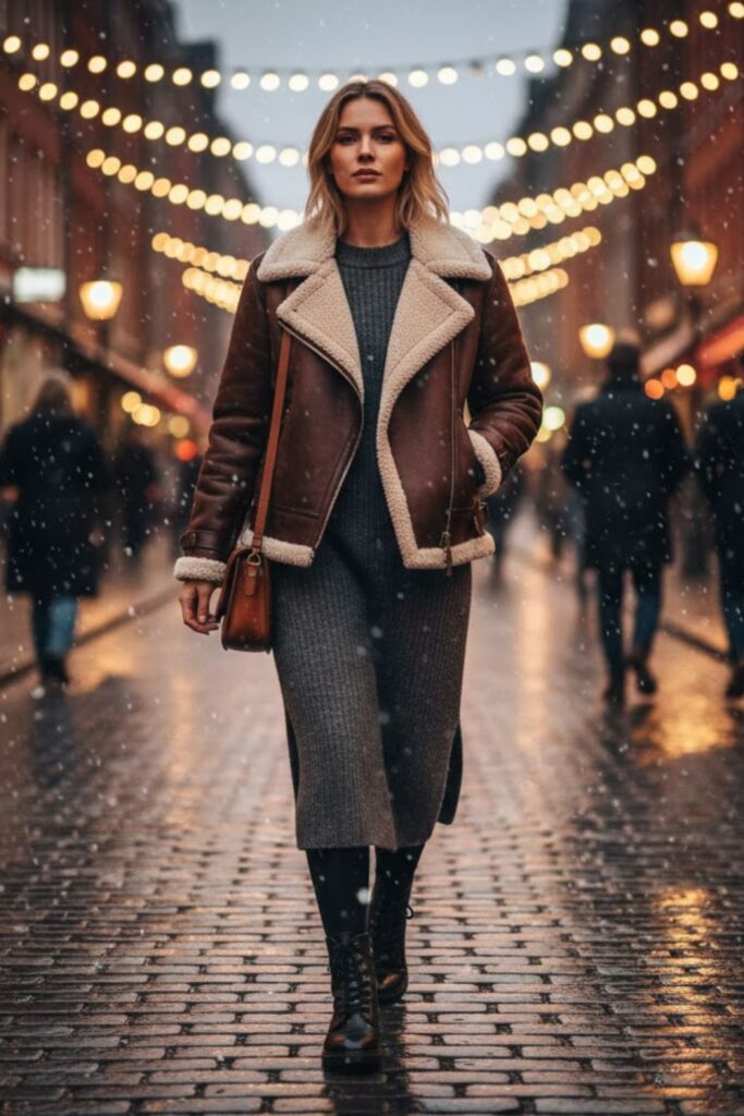 11. Black Aviator Jacket with Knit Dress