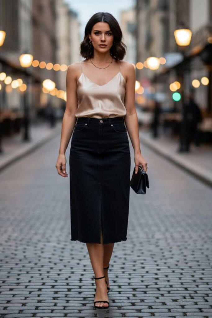 11. Black Denim Midi Skirt with a Satin Cami