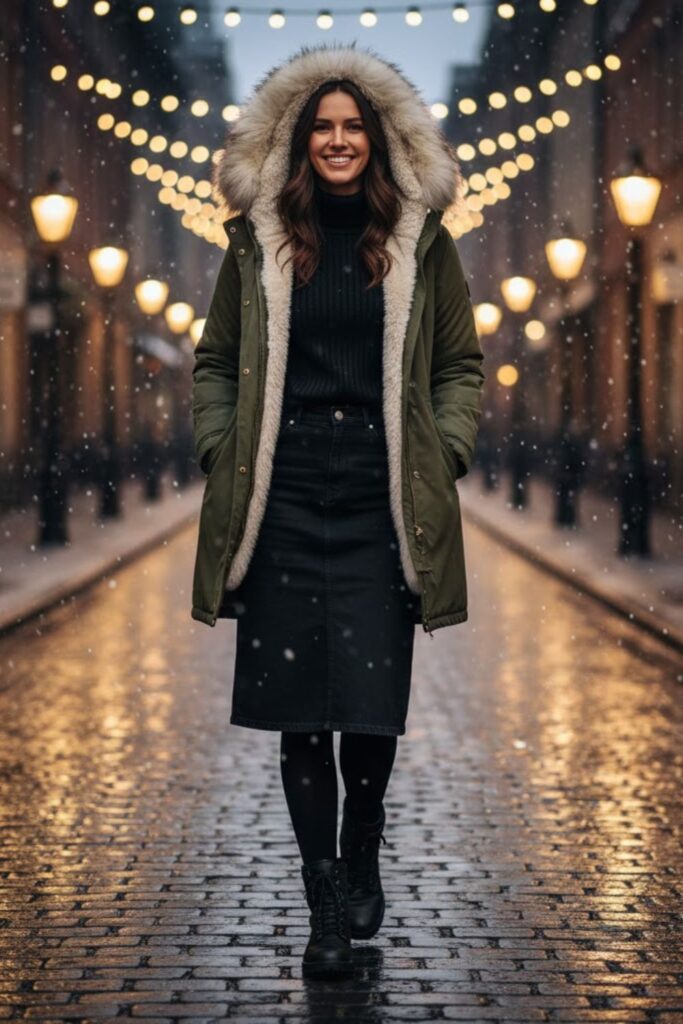 11. Black Denim Skirt with Parka Coat