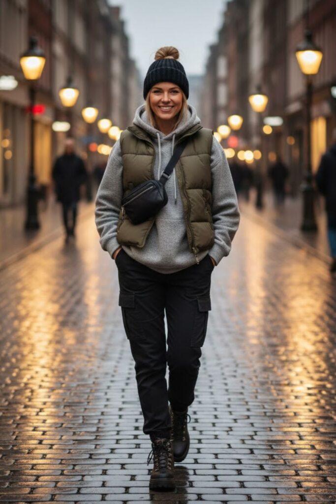 11. Cargo Joggers with Puffer Vest and Hoodie