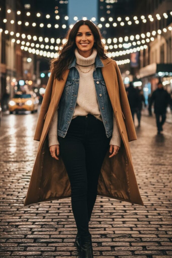 11. Denim Jacket Layered Under Wool Coat