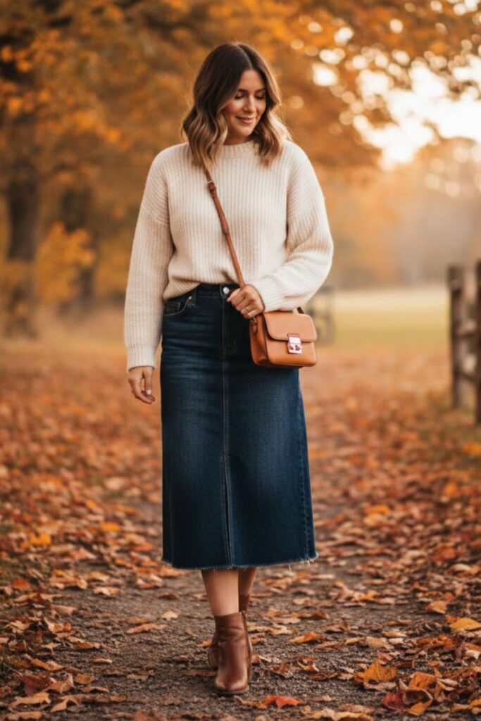 11. Denim Midi Skirt with a Sweater and Scarf