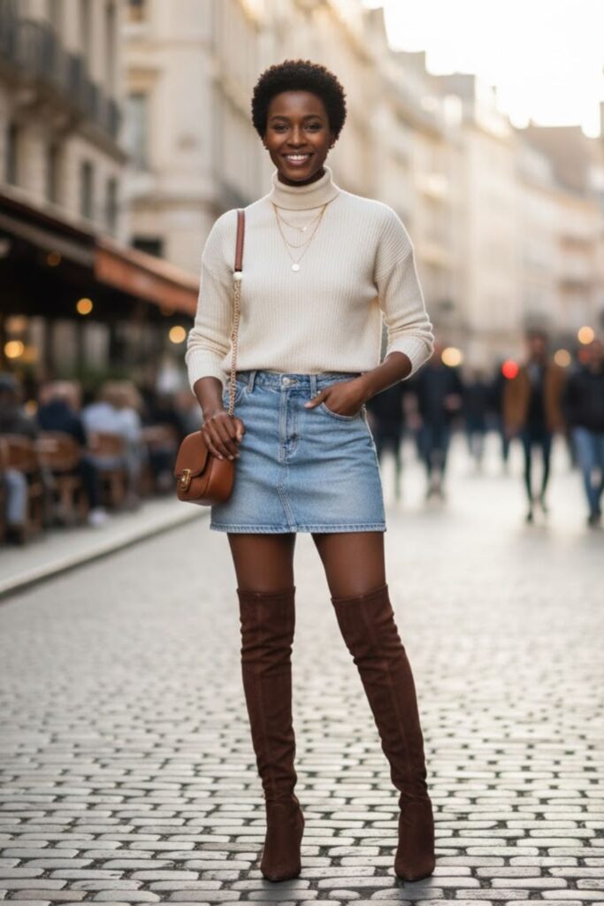 11. Denim Mini Skirt with Over-the-Knee Boots