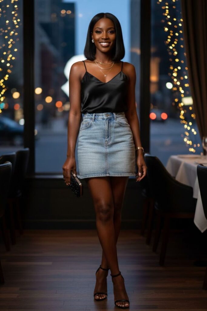 11. Denim Mini Skirt with Satin Cami