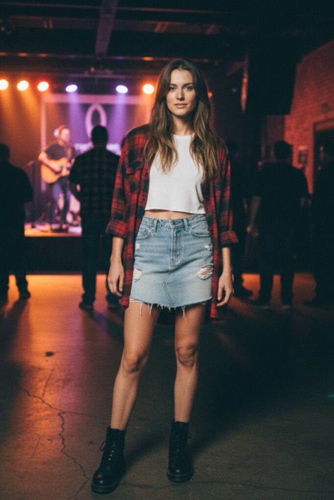 11. Denim Mini Skirt with Vintage Flannel and Crop Top