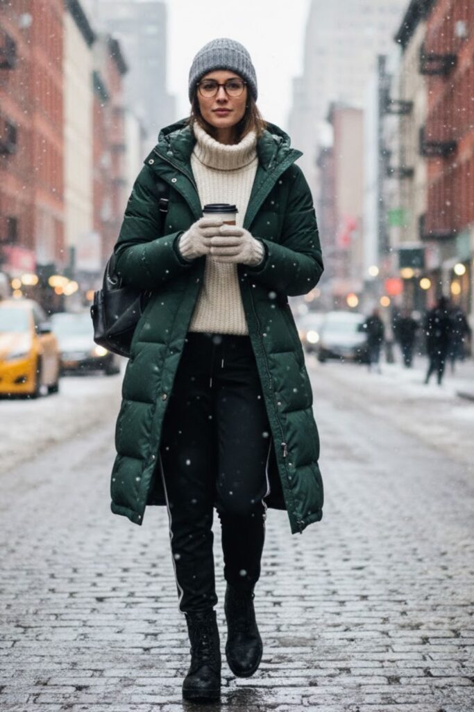 11. Down Parka with Knit Sweater and Track Pants