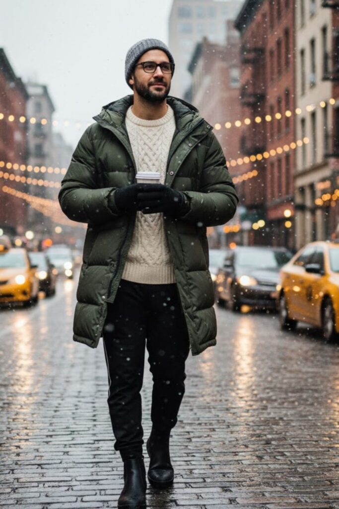 11. Down Parka with Sweater and Joggers