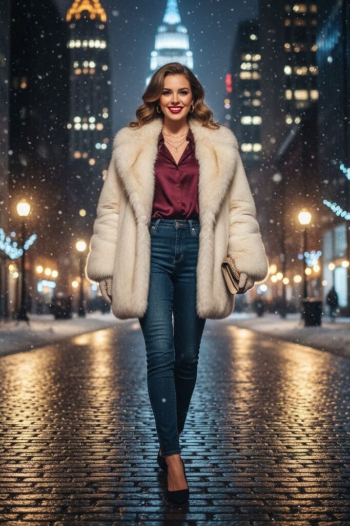 11. Faux Fur Coat with Jeans and Heels