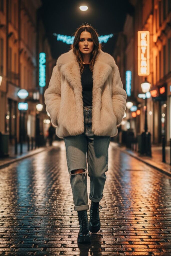 11. Faux Fur Jacket and Platform Boots