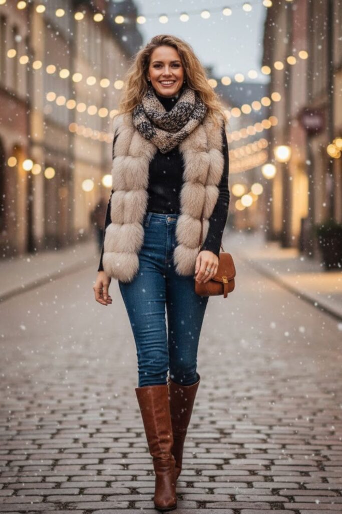11. Faux Fur Vest with Turtleneck and Jeans