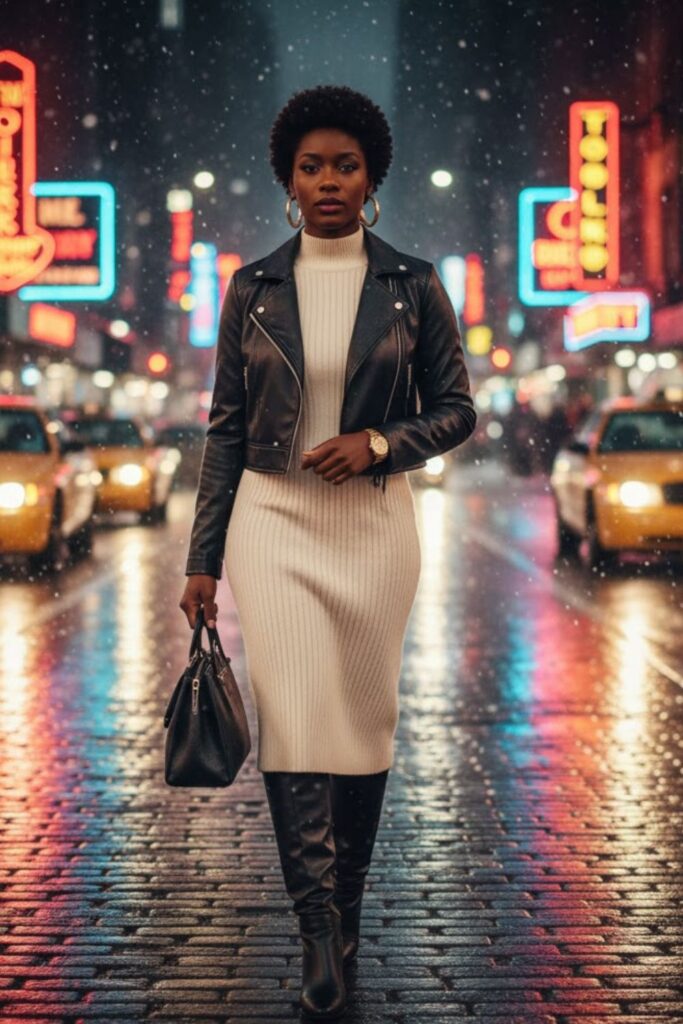 11. Faux Leather Jacket with Sweater Dress