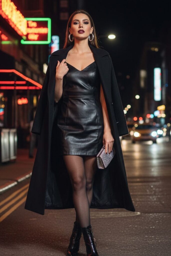 11. Faux Leather Mini Dress with Sheer Tights