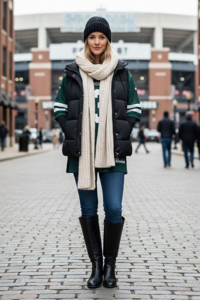 11. Football Jersey with Puffer Vest and Beanie
