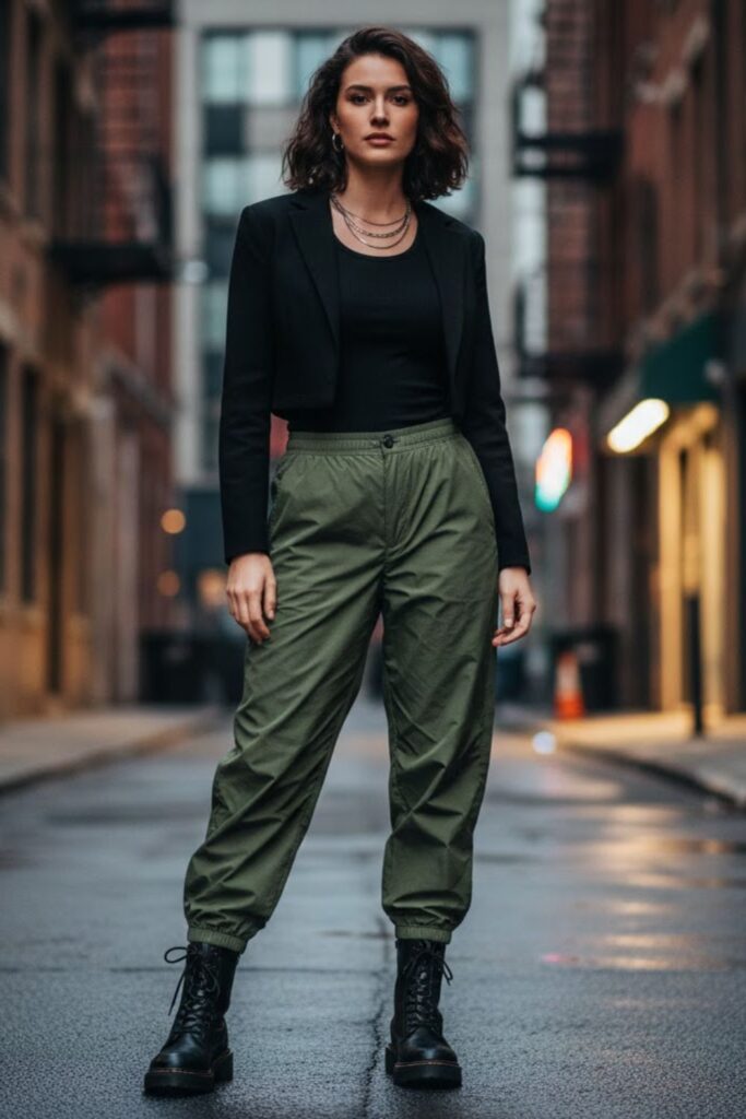 11. Green Parachute Pants with a Black Crop Jacket