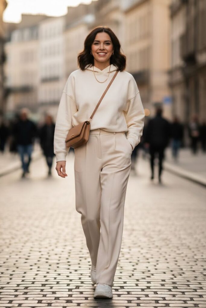 11. Grey Hoodie with Wide-Leg Trousers and Trainers