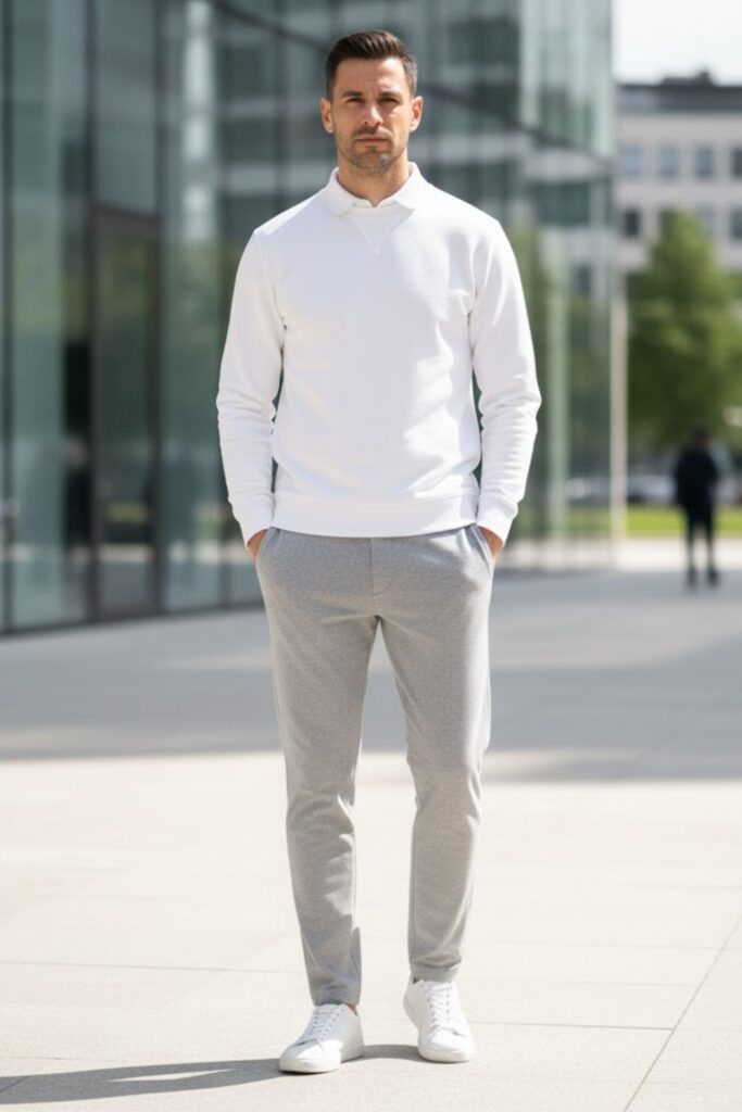 11. Grey Sweatpants with White Sweatshirt and Sneakers