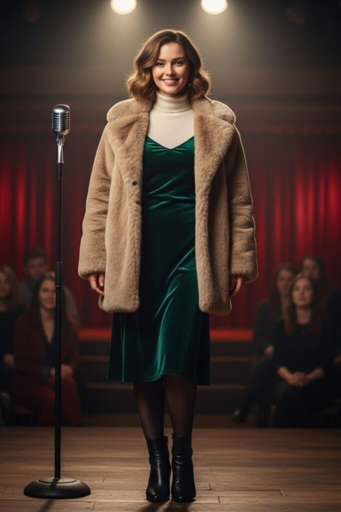 11. Layered Turtleneck + Slip Dress + Faux Fur Coat