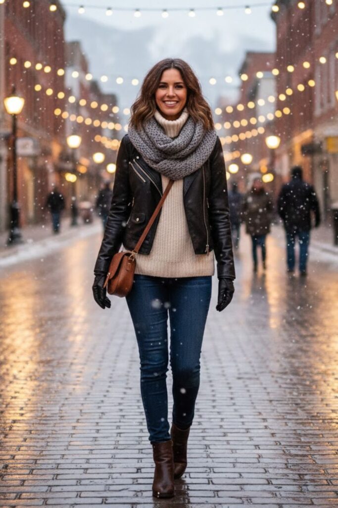 11. Leather Jacket with Knit Sweater and Skinny Jeans