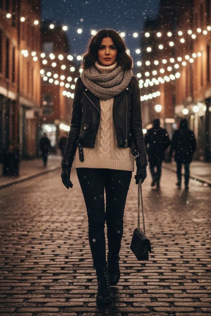 11. Leather Jacket with Sweater and Skinny Pants