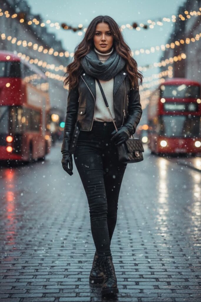11. Leather Jacket with Turtleneck and Skinny Pants