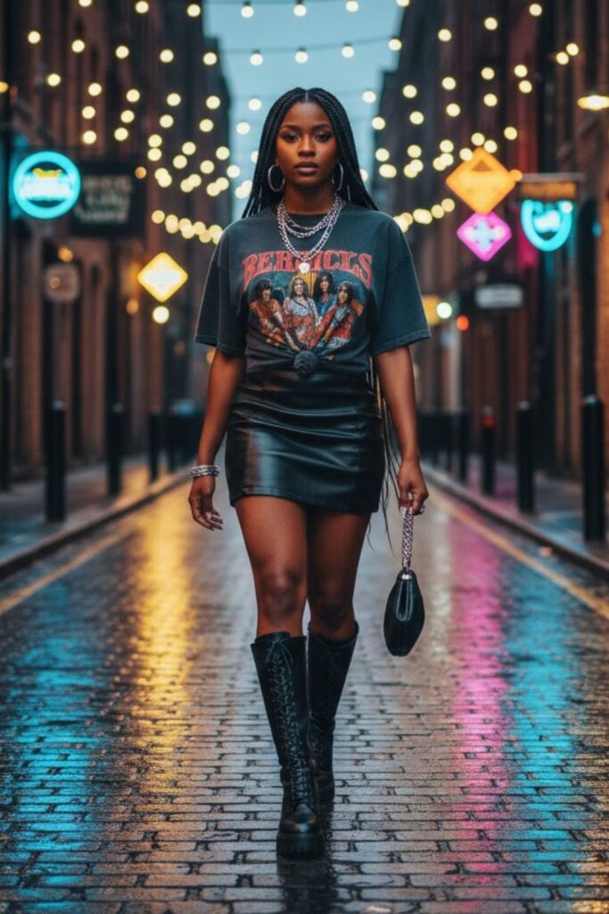 11. Leather Mini Skirt with Vintage Graphic Tee
