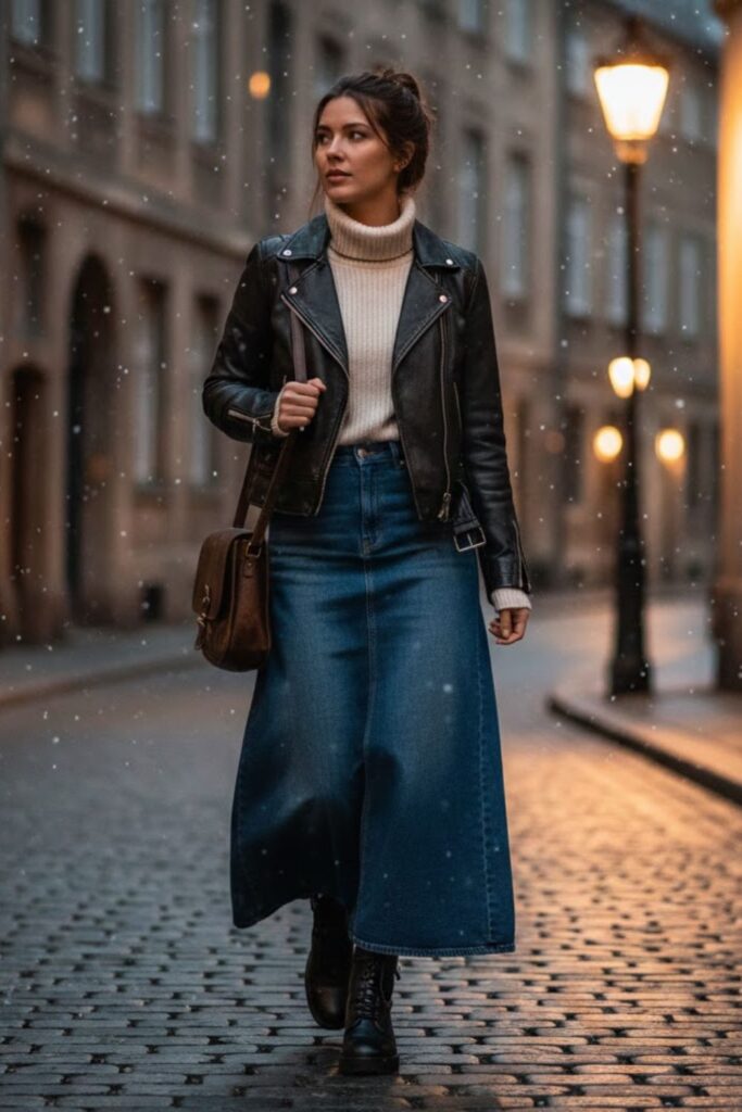 11. Long Denim Skirt and Leather Jacket