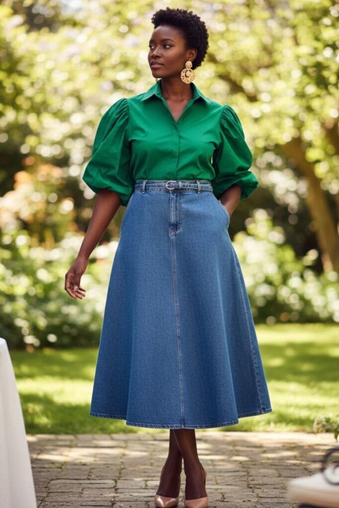 11. Long Denim Skirt with Puff Sleeve Top