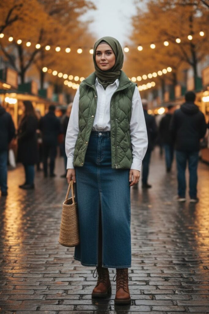 11. Long Denim Skirt with a Button-Down Shirt and Vest
