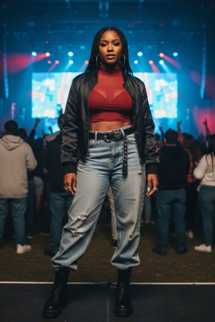 11. Long Sleeve Crop Top with Baggy Jeans and Belt