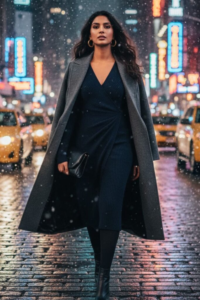 11. Long-Sleeve Wrap Dress with Tights