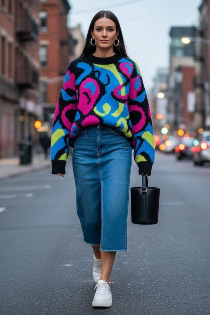 11. Midi Denim Skirt with a Statement Sweater