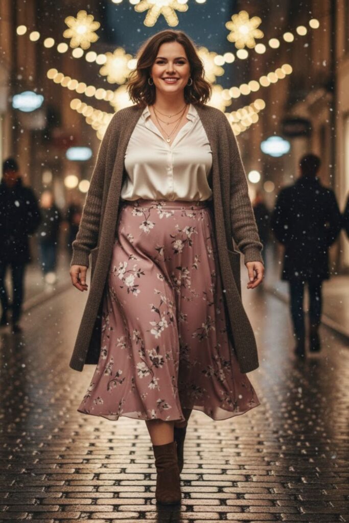 11. Midi Skirt with Blouse and Longline Cardigan