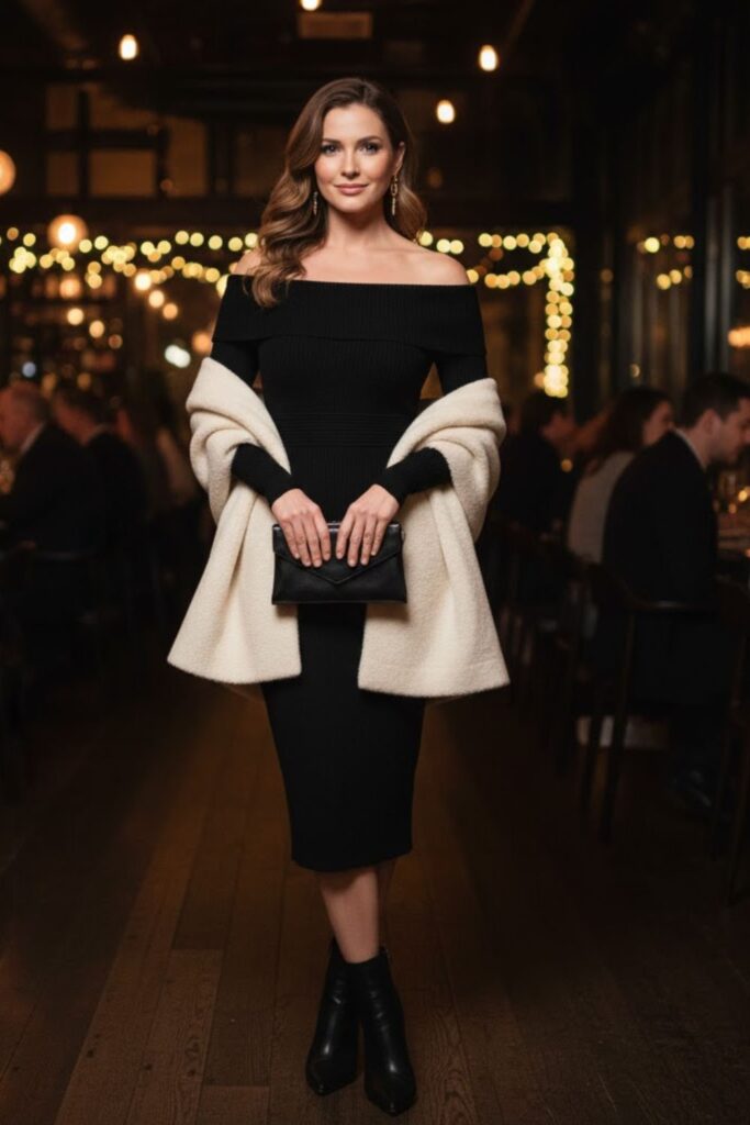 11. Off-Shoulder Black Dress with Wool Wrap