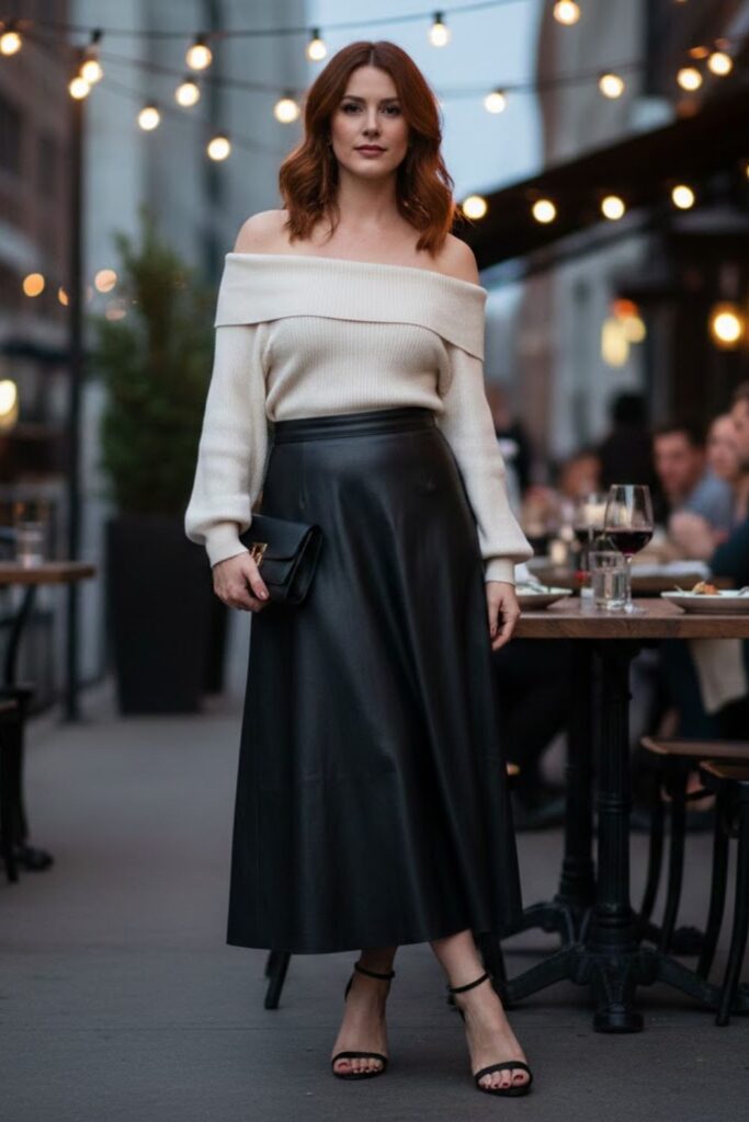 11. Off-Shoulder Knit Top and Heeled Sandals