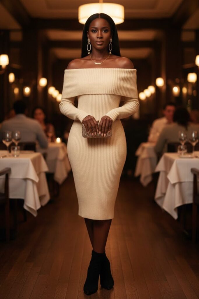11. Off-the-Shoulder Knit Dress with Heels