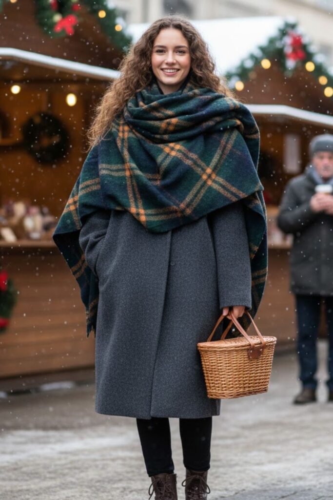 11. Oversized Coat with Plaid Blanket Scarf