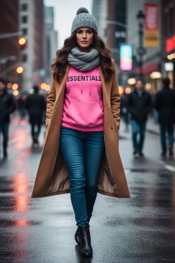 11. Pink Hoodie with Long Coat