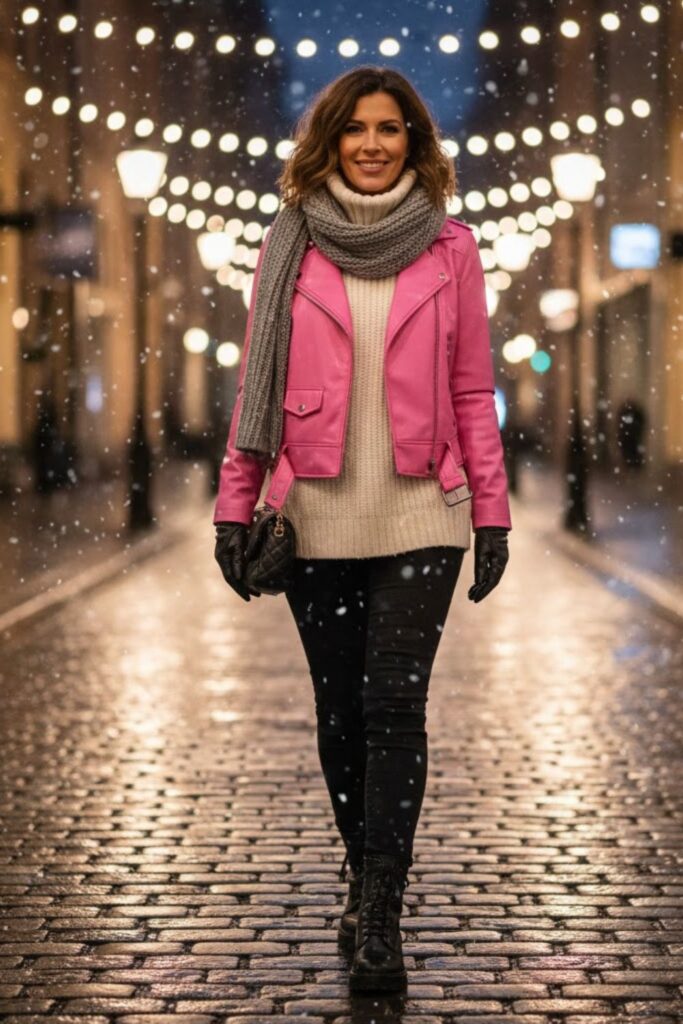 11. Pink Leather Jacket with Sweater and Skinny Pants