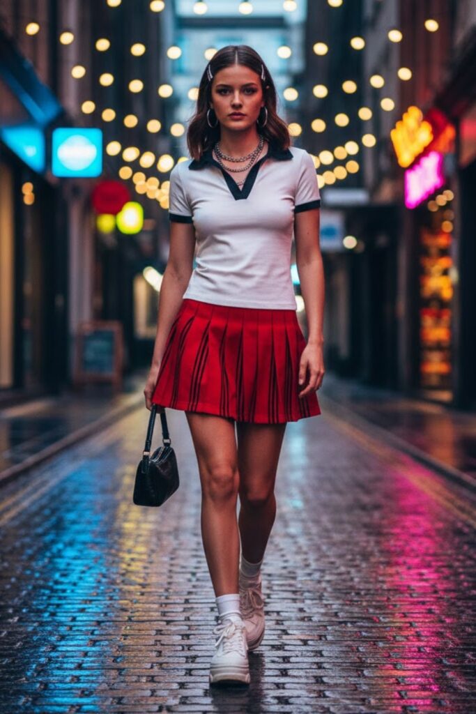 11. Pleated Mini Skirt with Polo Shirt