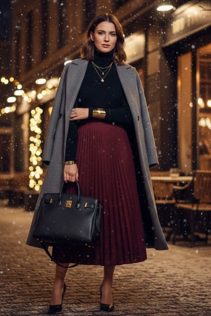 11. Pleated Skirt with Turtleneck and Coat